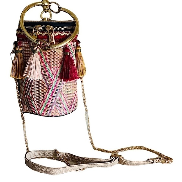 Cylindrical Woven Straw Bucket Crossbody Handbag/Shoul…Boho Chic Tassels - Picture 3 of 14